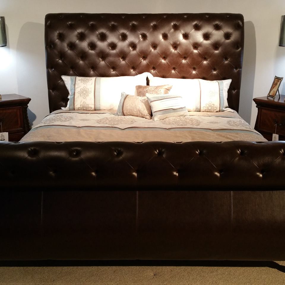 Queen Brown Leather Tufted Sleigh Bed, Leather Tufted Bed Frame
