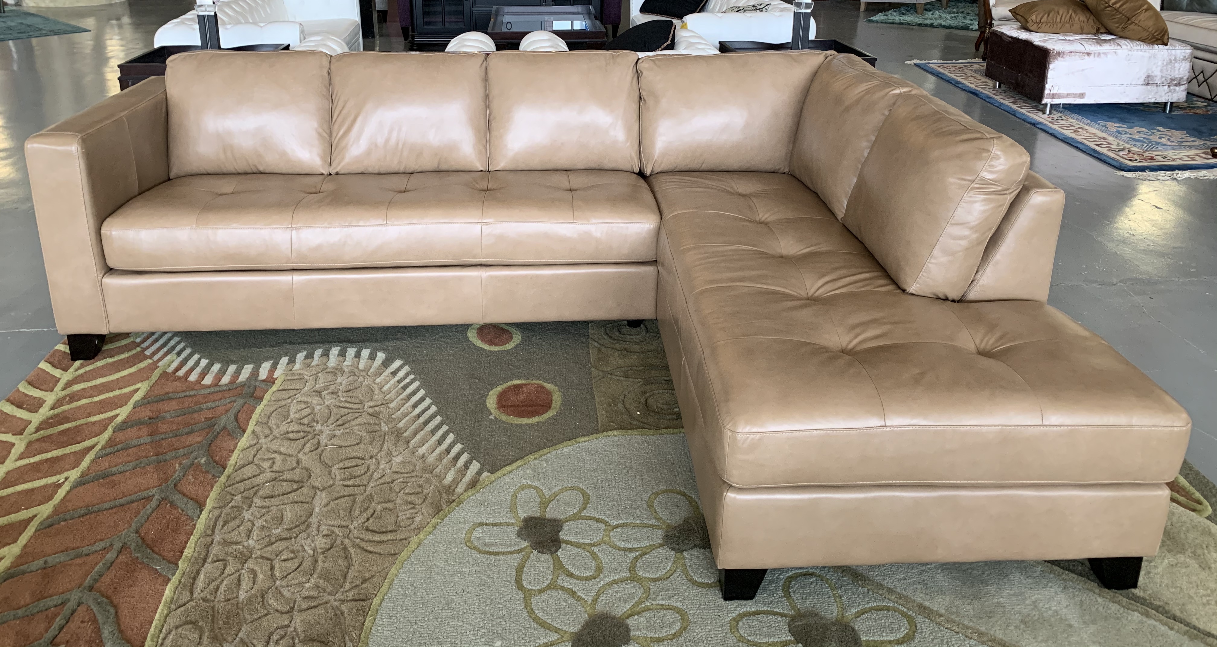 stocked caramel leather sectional sofa