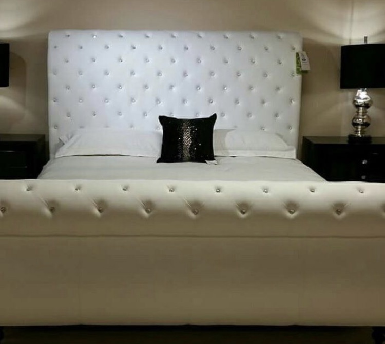 King White Leather Rhinestone Tufted Sleigh Bed